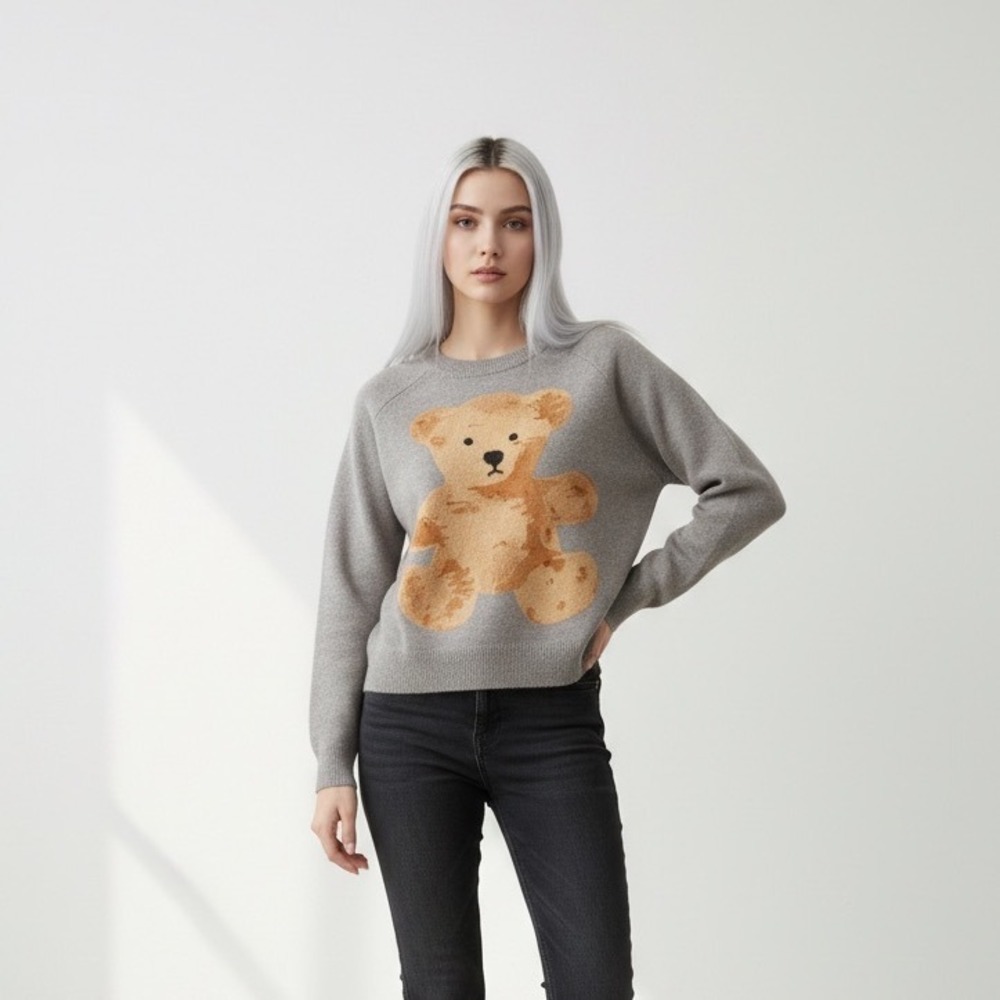Hippie Rose Cozy Gray Teddy Bear Graphic Crewneck Sweater‎ XS Pullover